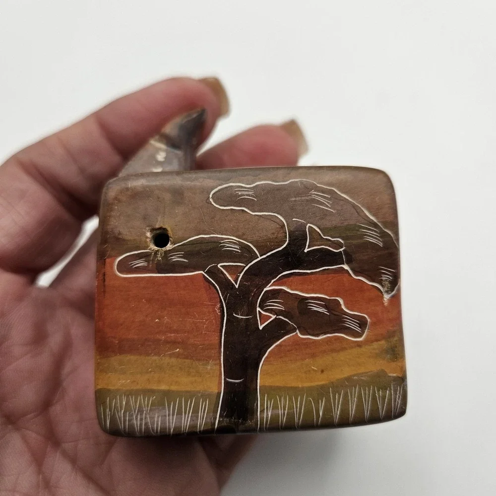 Hand Carved Soapstone Sliding Lid Elephant & Acacia Tree African Folk Art